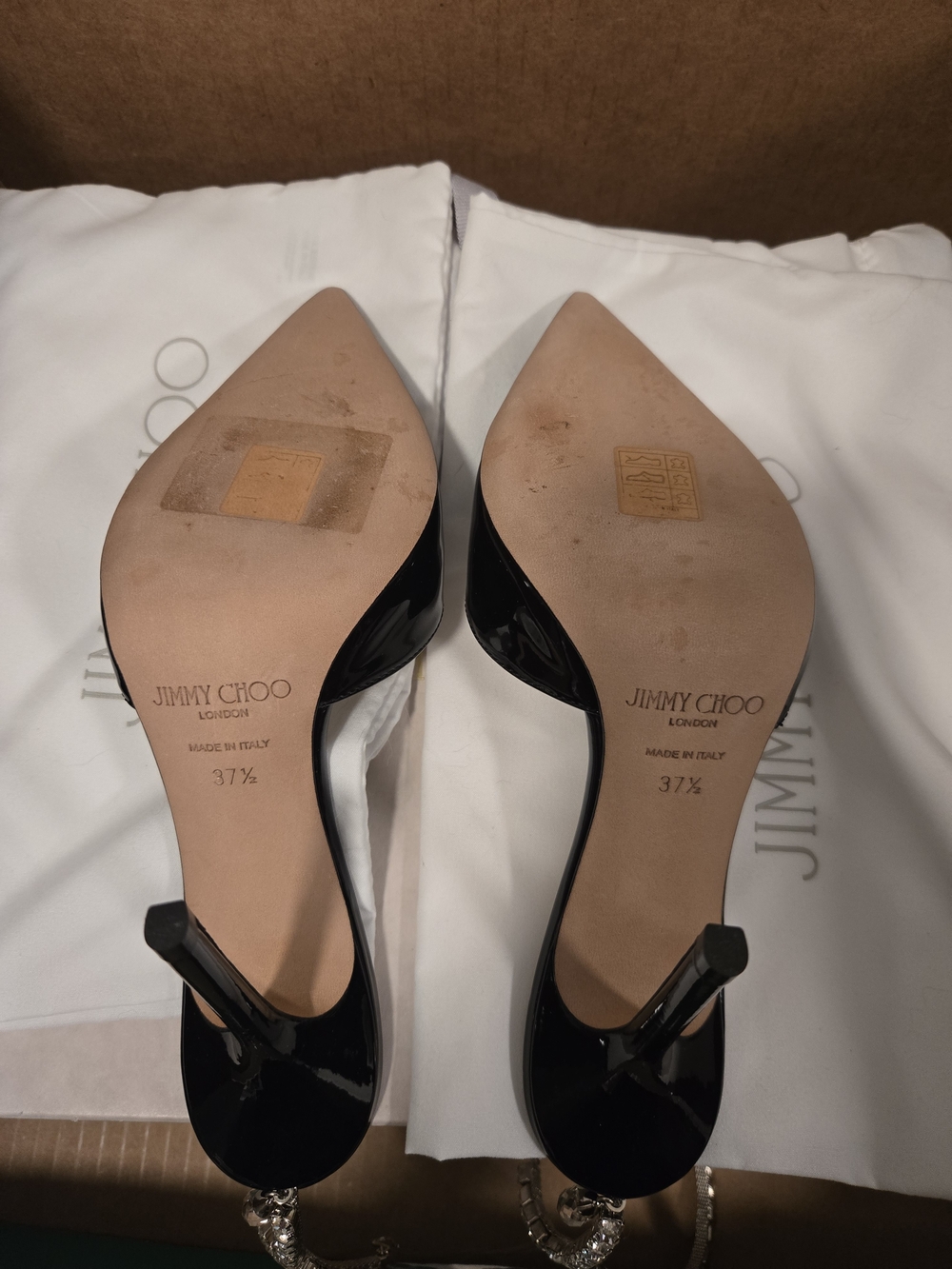Jimmy Choo Saeda Black Patent Pointed Toe Slingback Pumps Size 37.5 - Picture 7 of 9